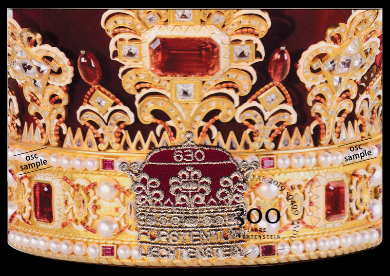 【公式初日印付カード】リヒテンシュタイン　建国３００年　王冠刺繍切手